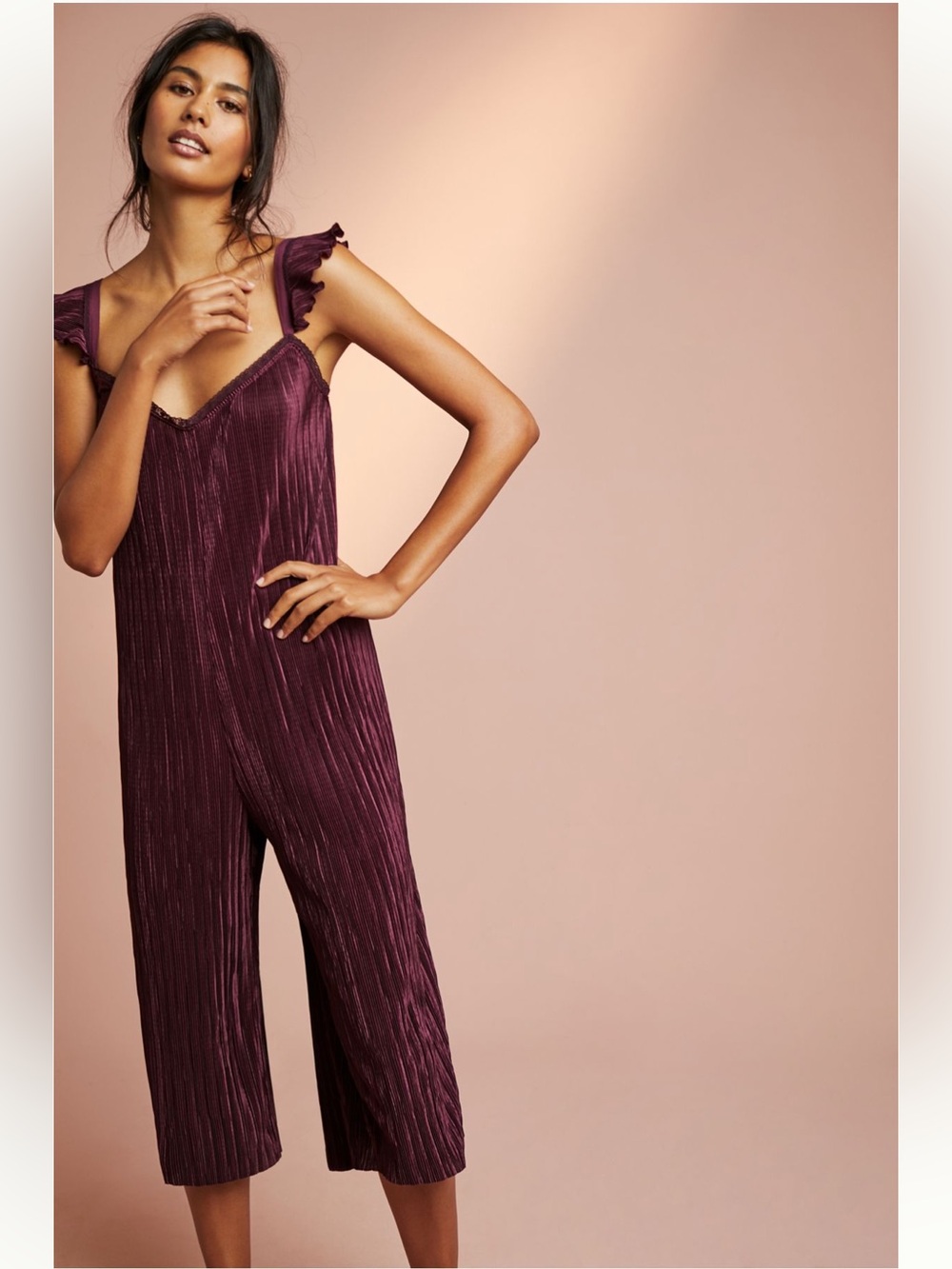 🆕 FLOREAT  Anthropologie Willow Street Jumpsuit Plum Pleated Wide Leg Boho NWT
